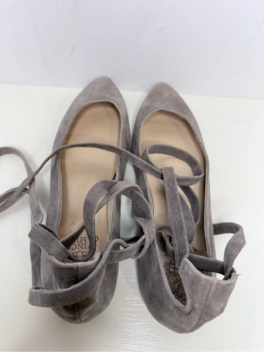 Vince Camuto Taupe Suede Pointed Toe Lace-Up Flats